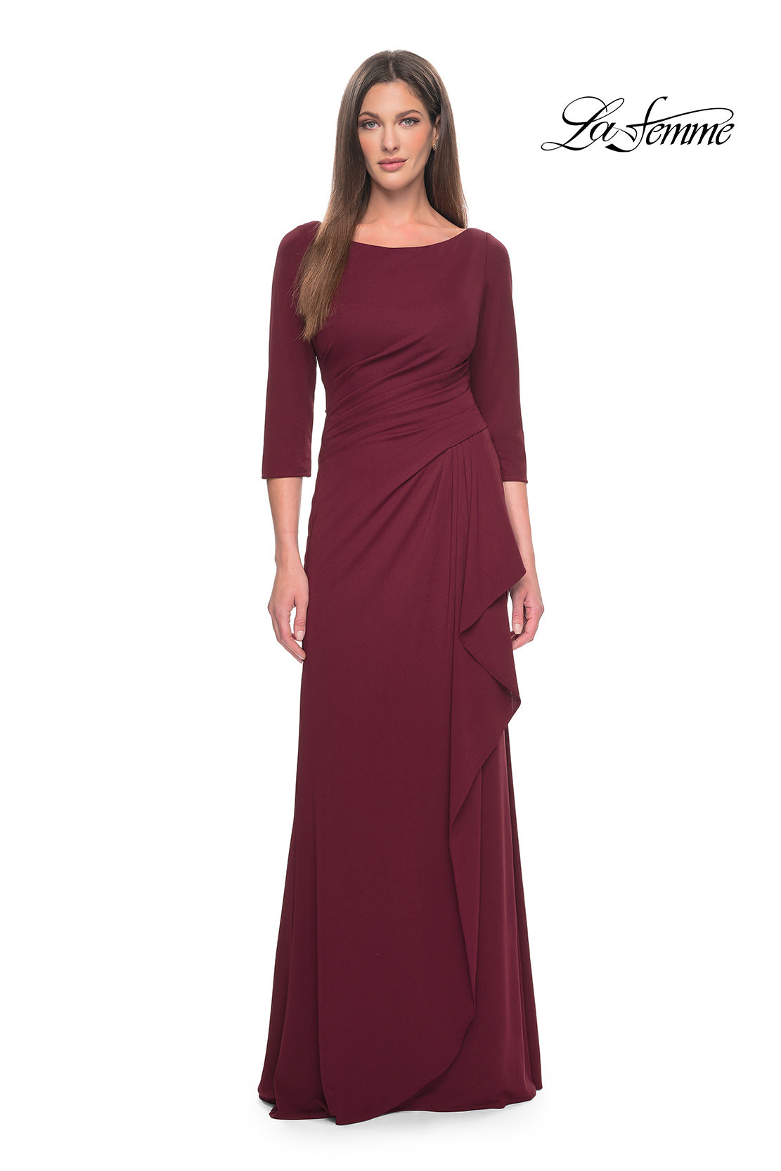Picture of: Chic Long Evening Gown with High Neck and Ruffle Detail in Navy, Style: 31705, Main Picture