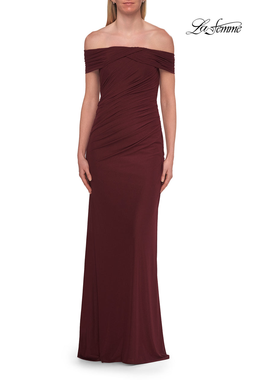 Picture of: Off-the-Shoulder Ruched Jersey Gown in Wine, Style: 33273, Main Picture