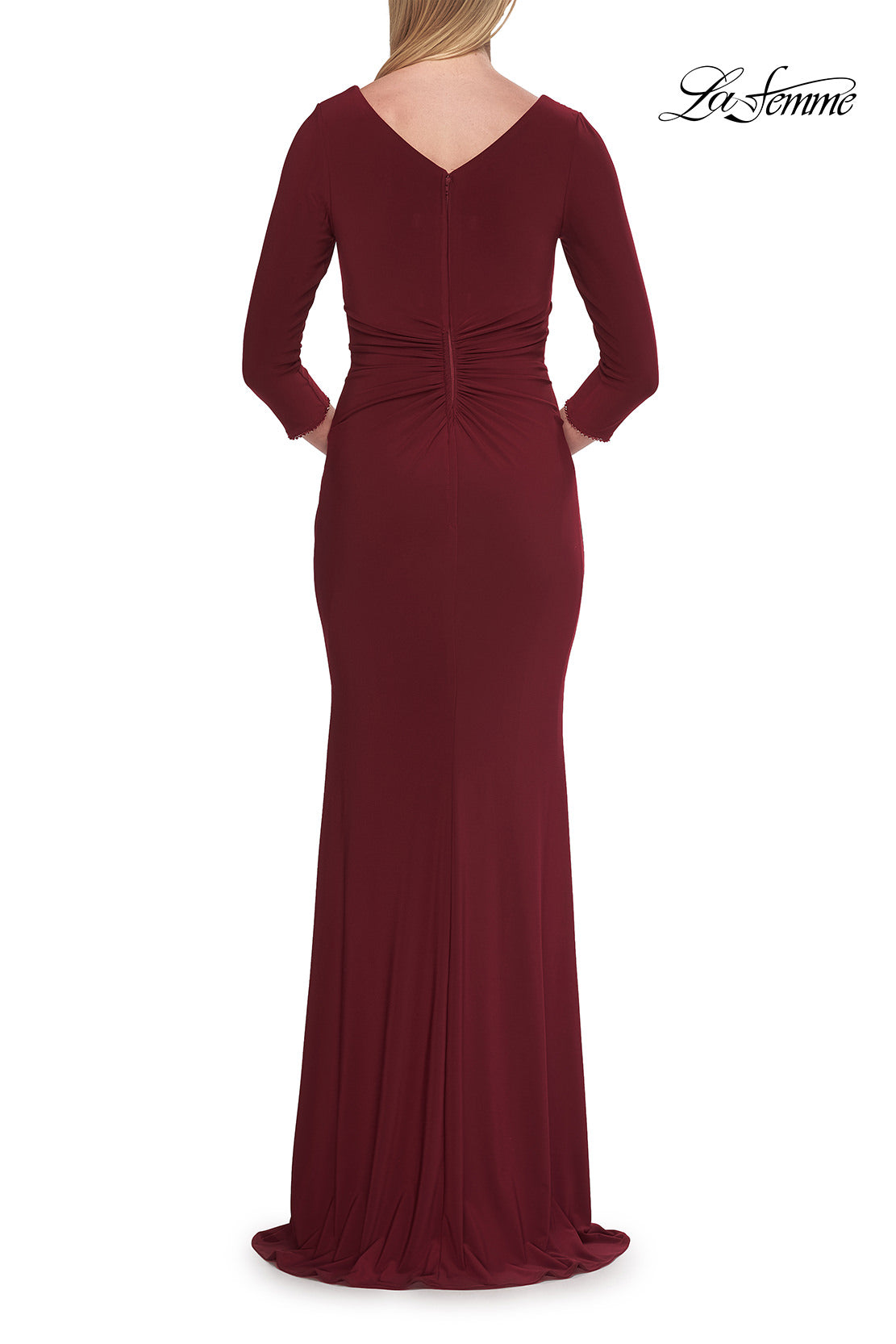 Picture of: V-Neck Ruched Gown with Three-Quarter Sleeves in Wine, Style: 33214, Detail Picture 8