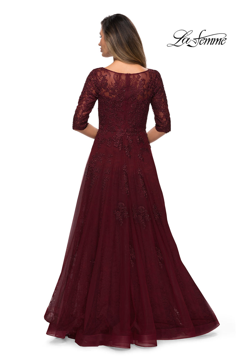 Picture of: Lace and Tulle A-line Gown with Three Quarter Sleeves, Style: 28036, Detail Picture 12