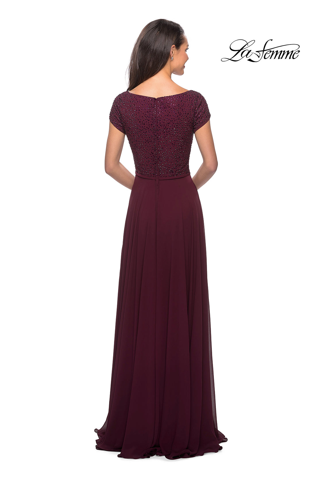Picture of: Short Sleeve Long Gown with Beaded Bodice in Wine, Style: 26512, Back Picture