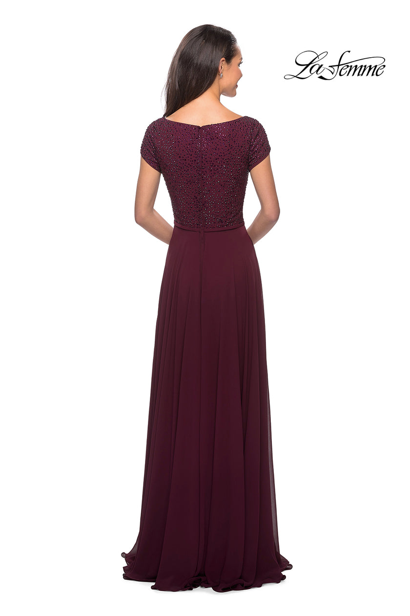 Picture of: Short Sleeve Long Gown with Beaded Bodice in Wine, Style: 26512, Back Picture