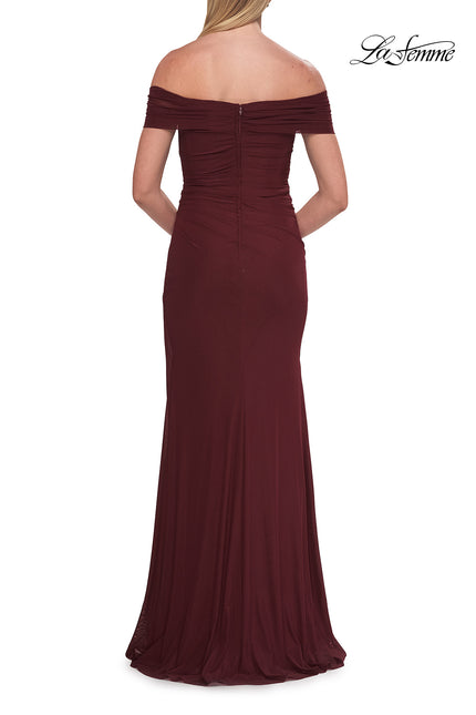Picture of: Off-the-Shoulder Ruched Jersey Gown in Wine, Style: 33273, Back Picture