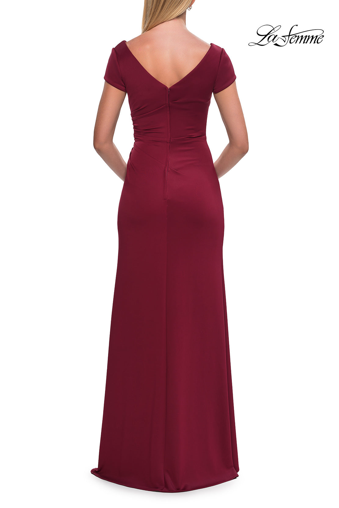 Picture of: Simple Short Sleeve Fitted Jersey Evening Dress in Wine, Style: 33616, Back Picture