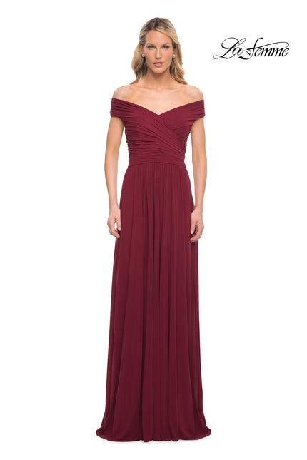 Picture of: Off the Shoulder Net Jersey Long Dress with Ruching in Wine, Detail Picture 2