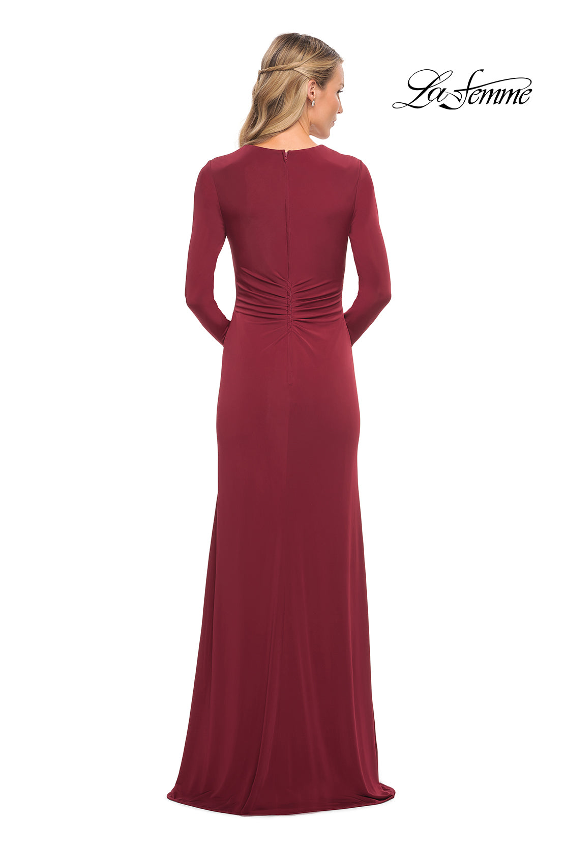Picture of: Long Sleeve Jersey Dress with Criss-Criss Front Ruching in Wine, Detail Picture 2