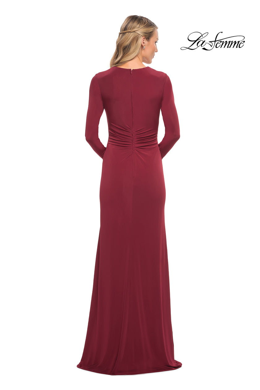 Picture of: Long Sleeve Jersey Dress with Criss-Criss Front Ruching in Wine, Detail Picture 2