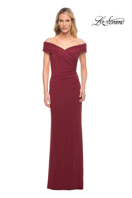 Picture of: Off The Shoulder Jersey Dress with Ruching in Wine, Style: 27959, Detail Picture 3