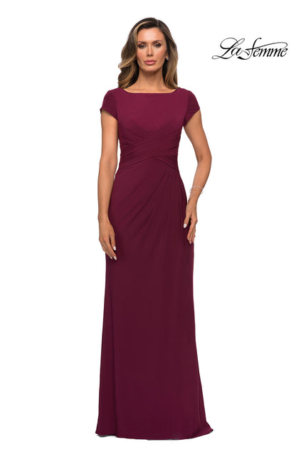 Picture of: Floor Length Jersey Evening Gown with Cap Sleeves in Wine, Style: 28026, Detail Picture 3