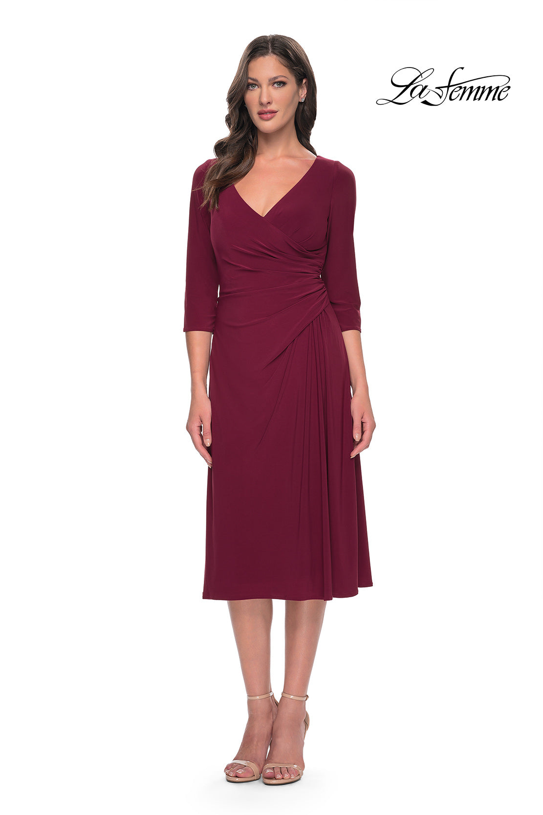 Picture of: Chic Tea Length Jersey Dress with Ruching in Wine, Style: 30069, Detail Picture 3