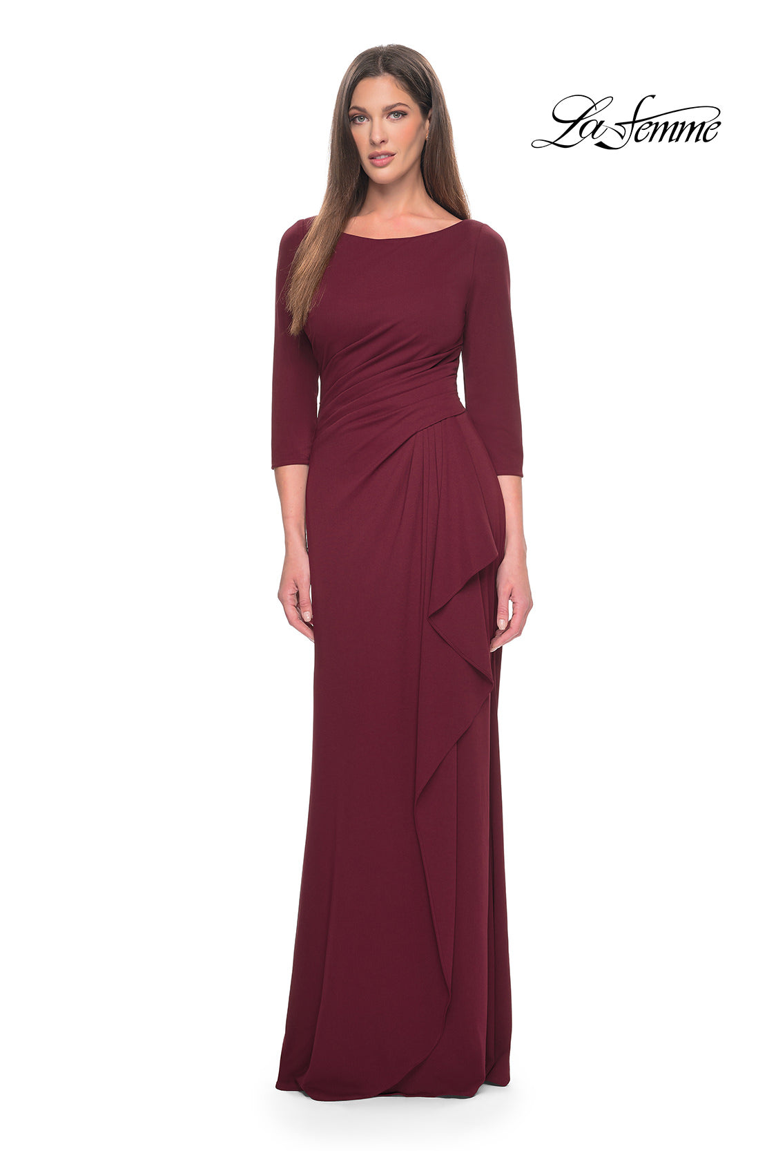 Picture of: Chic Long Evening Gown with High Neck and Ruffle Detail in Navy, Style: 31705, Detail Picture 4