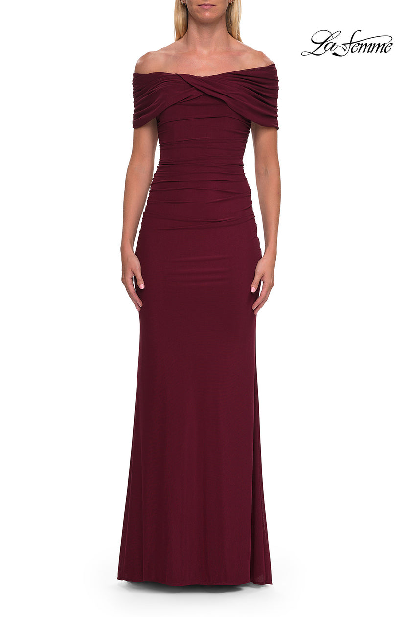Picture of: Off-the-Shoulder Draped Jersey Gown in Wine, Style: 33171, Detail Picture 5