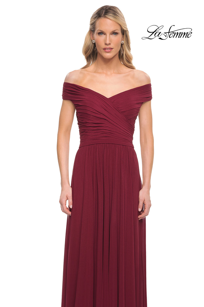 Picture of: Off the Shoulder Net Jersey Long Dress with Ruching in Wine, Detail Picture 6
