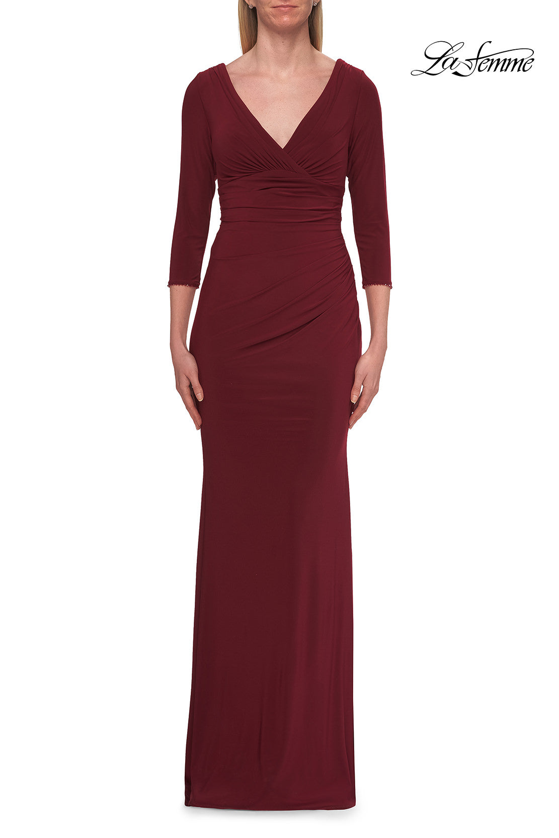 Picture of: V-Neck Ruched Gown with Three-Quarter Sleeves in Wine, Style: 33214, Detail Picture 7