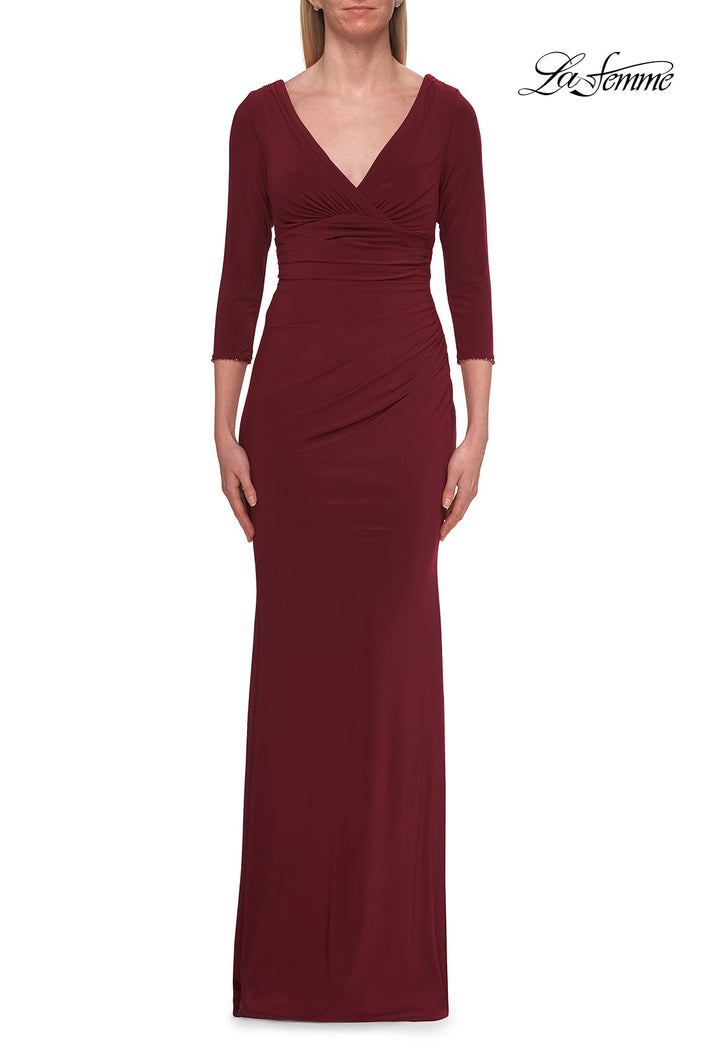 Picture of: V-Neck Ruched Gown with Three-Quarter Sleeves in Wine, Style: 33214, Detail Picture 7