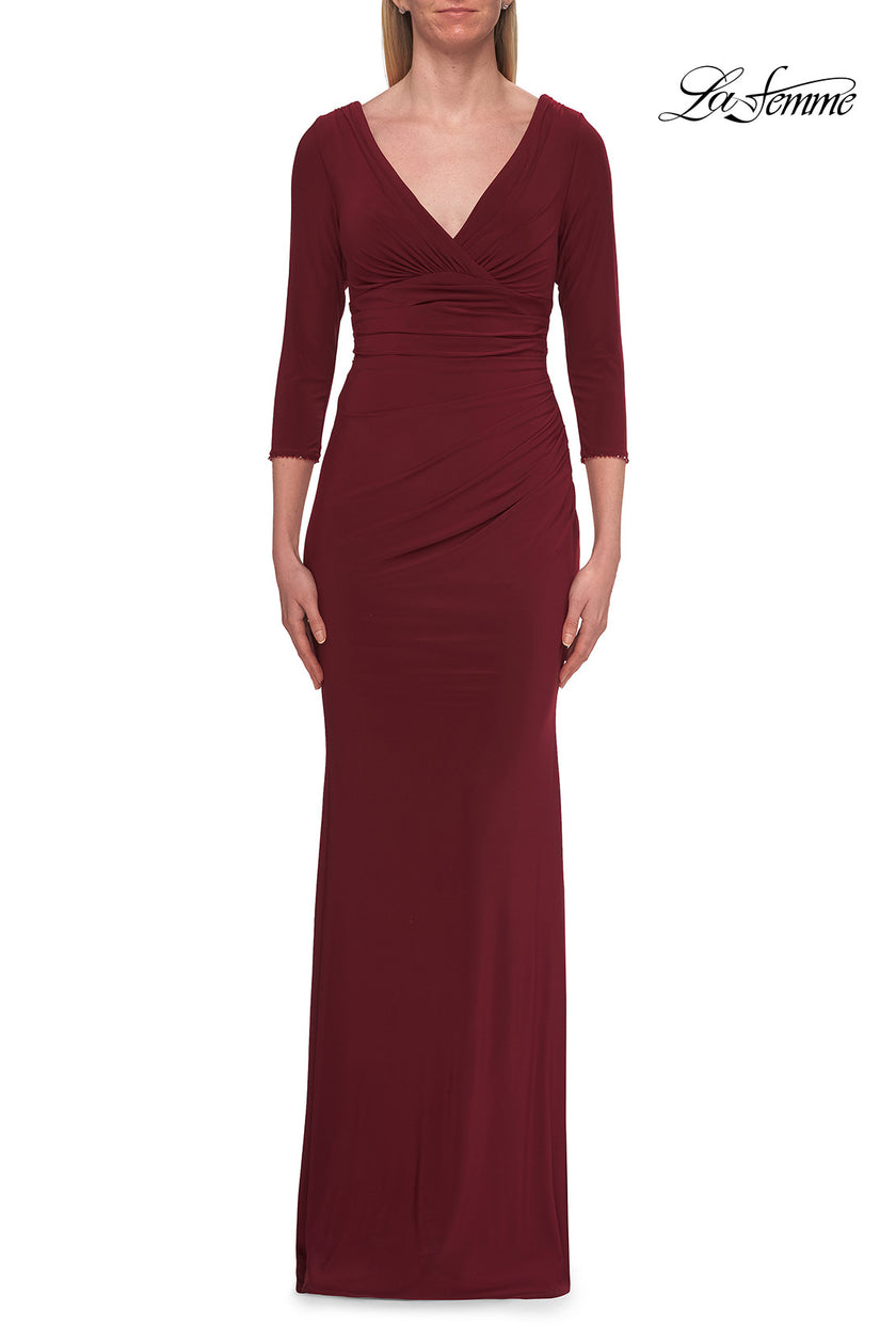 Picture of: V-Neck Ruched Gown with Three-Quarter Sleeves in Wine, Style: 33214, Detail Picture 7
