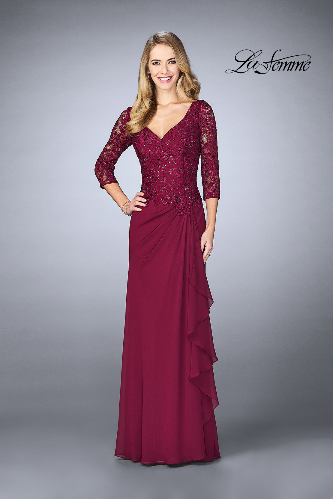 Picture of: Crepe Chiffon Gown with Lace Sweetheart Neckline in Wine, Style: 24857, Detail Picture 2