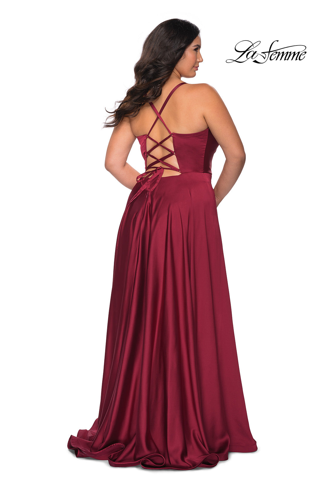 Picture of: Satin A-line Plus Dress with Lace Up Back and Pockets in Wine, Style: 29033, Main Picture