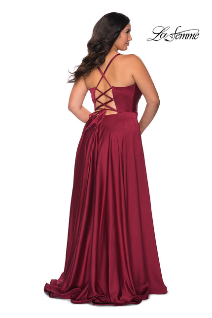 Picture of: Satin A-line Plus Dress with Lace Up Back and Pockets in Wine, Style: 29033, Main Picture