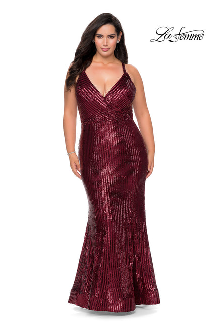 Picture of: Sequin Plus Size Prom Dress with Criss Cross Back in Wine, Style: 29051, Main Picture