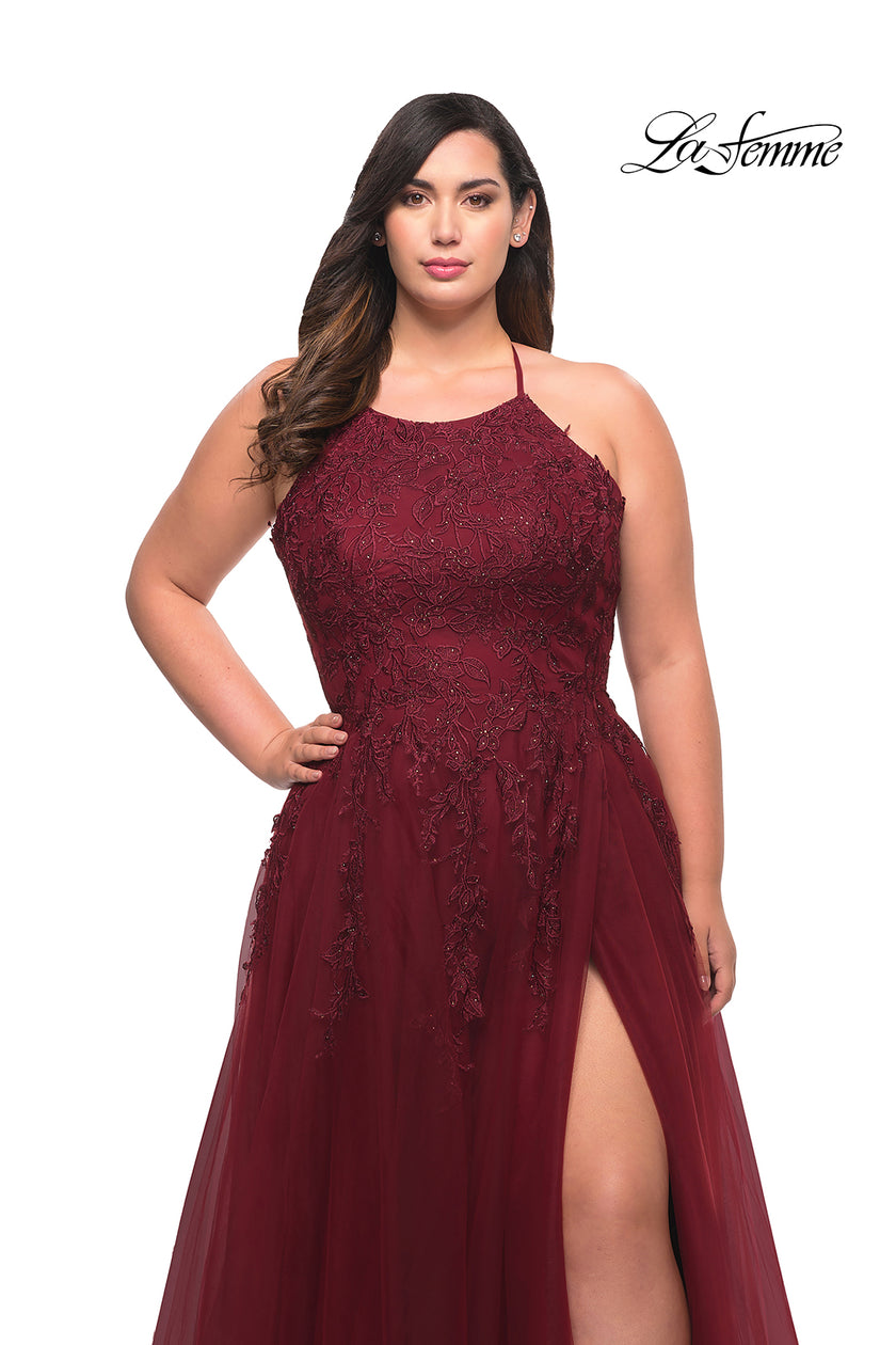 Picture of: Tulle Gown with Lace Bodice and High Neckline in Wine, Style: 29071, Detail Picture 8