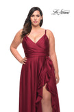 Picture of: Ruffle Slit Satin Long Plus Size Dress with V Neck in Wine, Style: 29740, Detail Picture 10