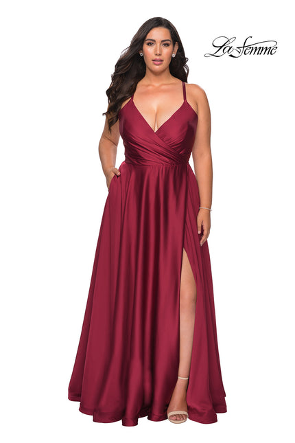 Picture of: Satin A-line Plus Dress with Lace Up Back and Pockets and Wine, Style: 29033, Back Picture