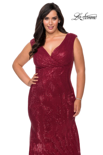 Picture of: Faux Wrap Bodice Sequin Plus Size Prom Gown in Wine, Style: 28962, Detail Picture 1