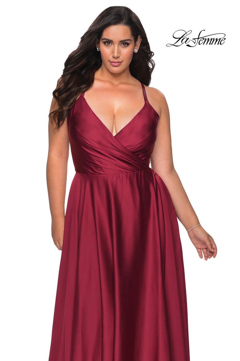 Picture of: Satin A-line Plus Dress with Lace Up Back and Pockets in Wine, Style: 29033, Detail Picture 1