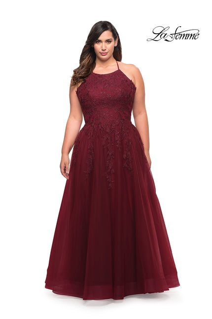 Picture of: Tulle Gown with Lace Bodice and High Neckline in Wine, Style: 29071, Detail Picture 1
