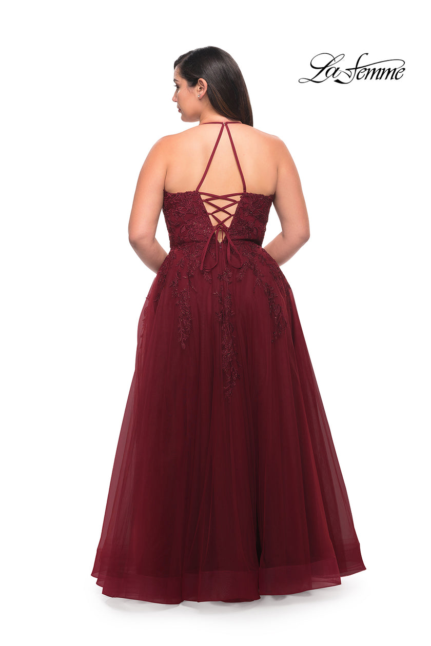 Picture of: Tulle Gown with Lace Bodice and High Neckline in Wine, Style: 29071, Detail Picture 2