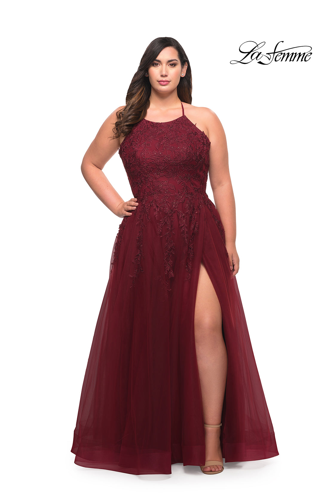 Picture of: Tulle Gown with Lace Bodice and High Neckline in Wine, Style: 29071, Detail Picture 4