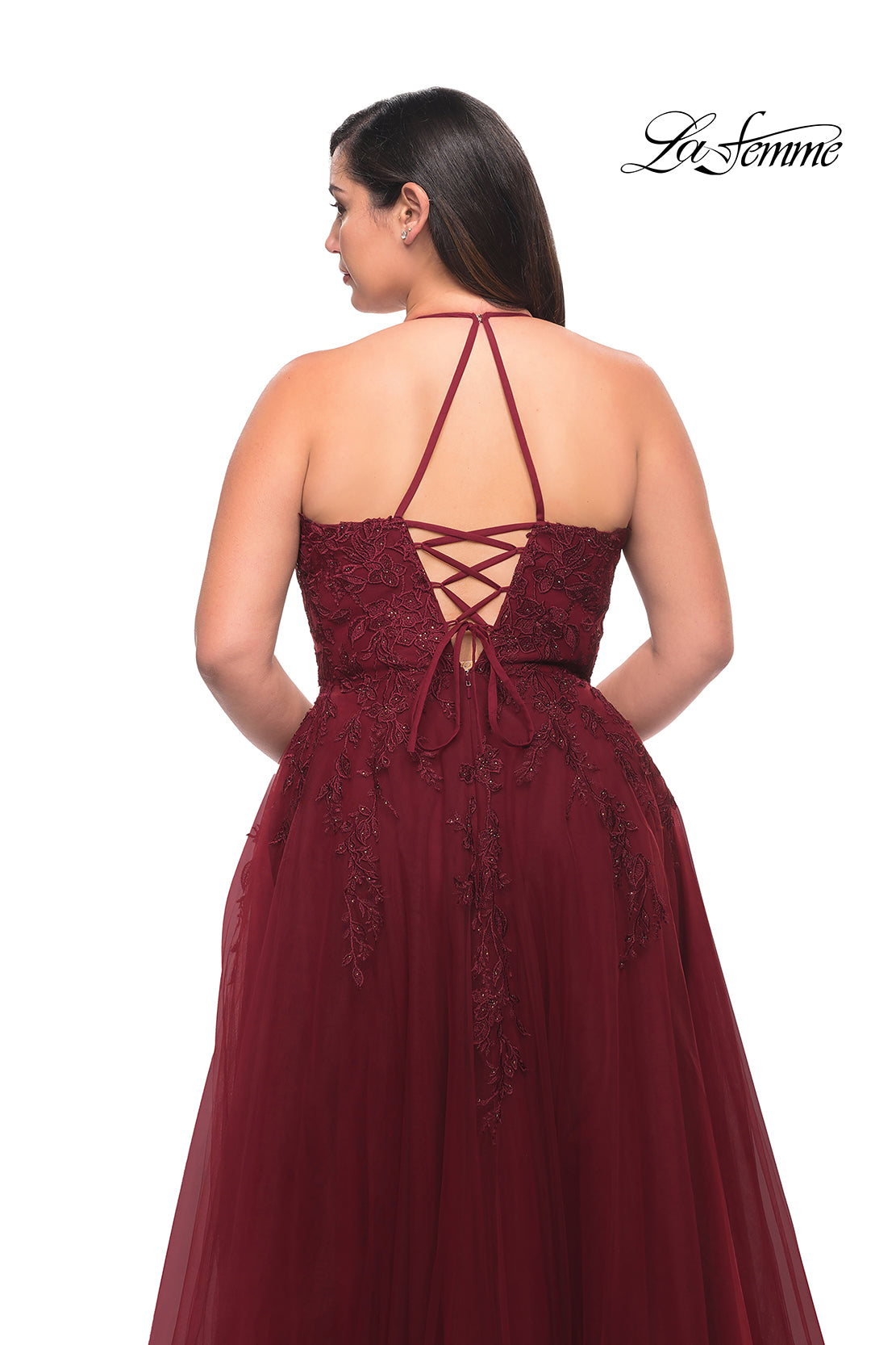 Picture of: Tulle Gown with Lace Bodice and High Neckline in Wine, Style: 29071, Detail Picture 5