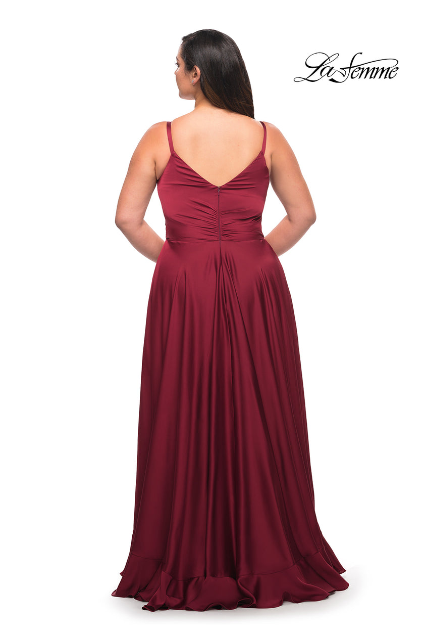 Picture of: Ruffle Slit Satin Long Plus Size Dress with V Neck in Wine, Style: 29740, Detail Picture 6