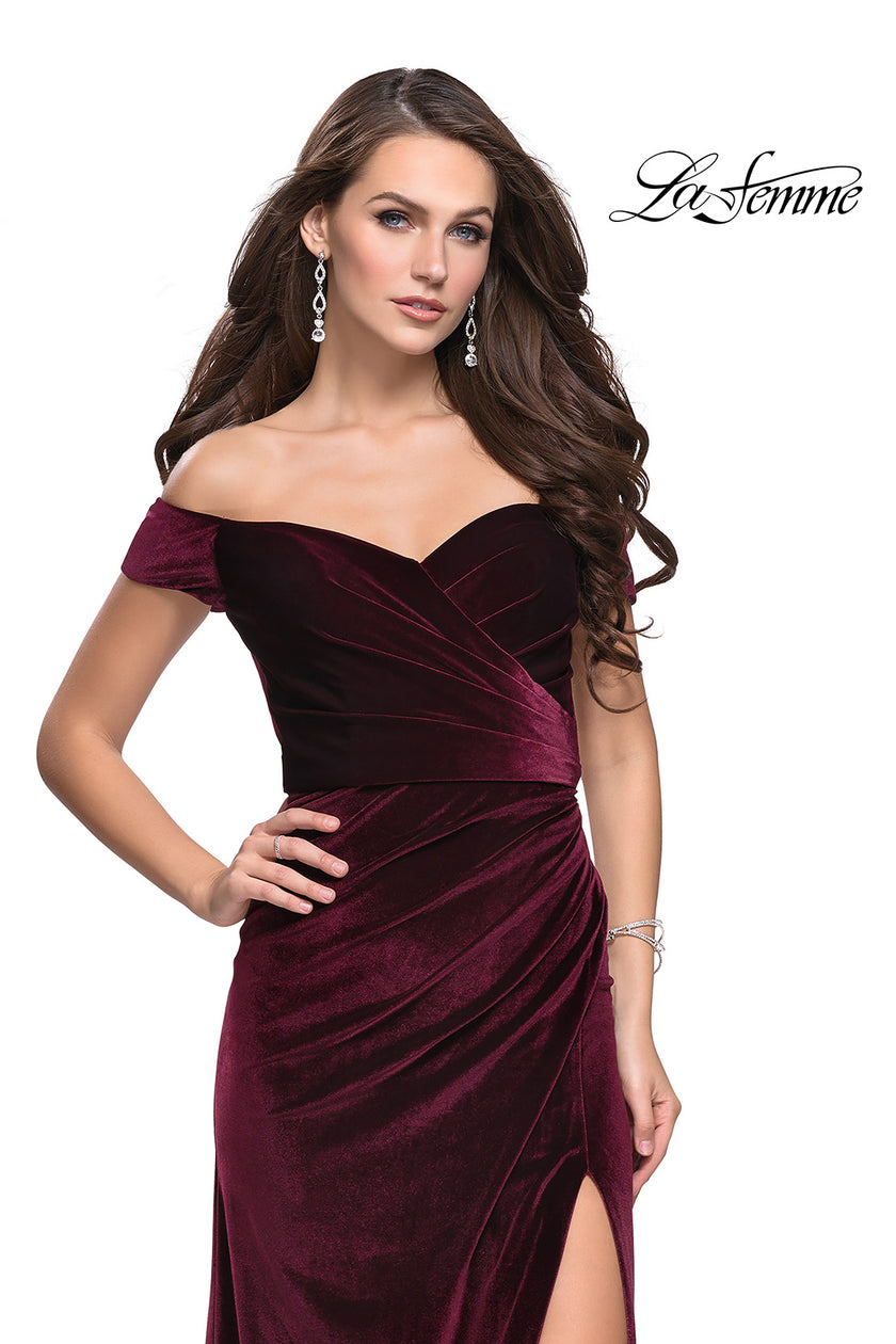 Picture of: Off the Shoulder Mermaid Gown with Strappy Back and Train in Wine, Style: 25213, Main Picture