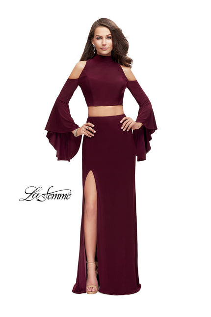 Picture of: Long Two Piece Dress with Cold Shoulders and Bell Sleeves in Wine, Style: 25353, Main Picture