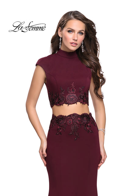 Picture of: Two Piece Jersey Applique Gown with Short Sleeves in Wine, Style: 26196, Main Picture