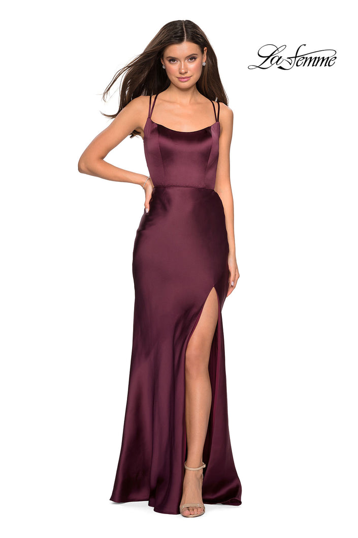 Picture of: Satin Prom Gown with Scoop Neck and Side Slit in Wine, Style: 27010, Main Picture