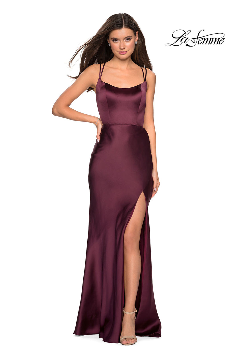 Picture of: Satin Prom Gown with Scoop Neck and Side Slit in Wine, Style: 27010, Main Picture