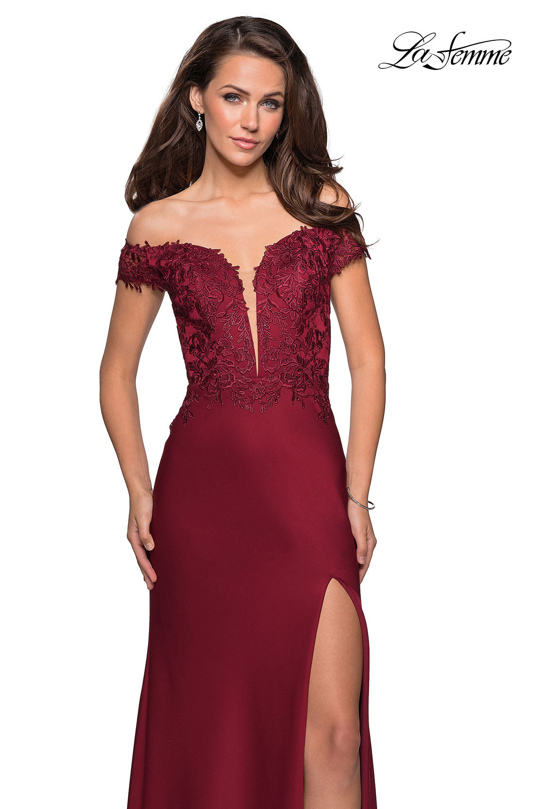 Picture of: Off The Shoulder Gown with Lace Bust and Slit in Wine, Style: 27097, Main Picture