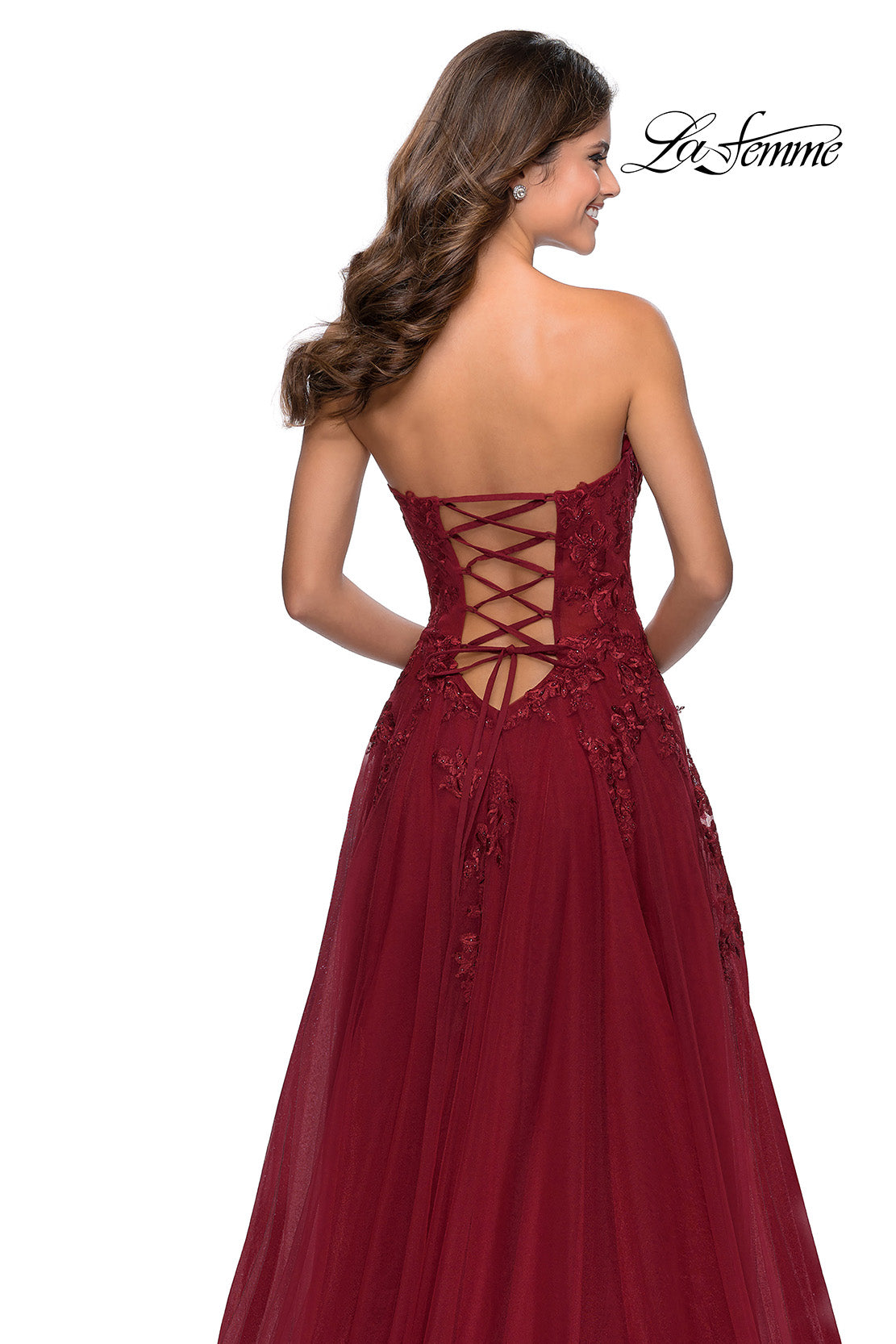Picture of: Strapless Tulle Dress with Cascading Floral Detail in Wine, Style: 28599, Detail Picture 8