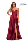 Picture of: Strapless Satin Gown with Pleated Bodice and Slit in Wine, Style: 28608, Detail Picture 8