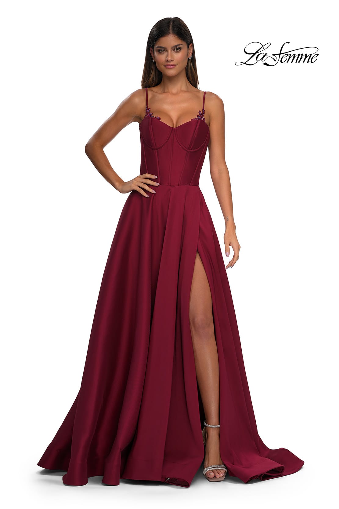 Picture of: Mikado A-line Gown with Lace Detail Neckline in Wine, Style: 32878, Detail Picture 8