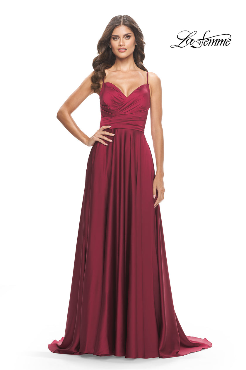 Picture of: Luxury Satin Gown with Criss Cross Bodice in Wine, Style: 31233, Detail Picture 9
