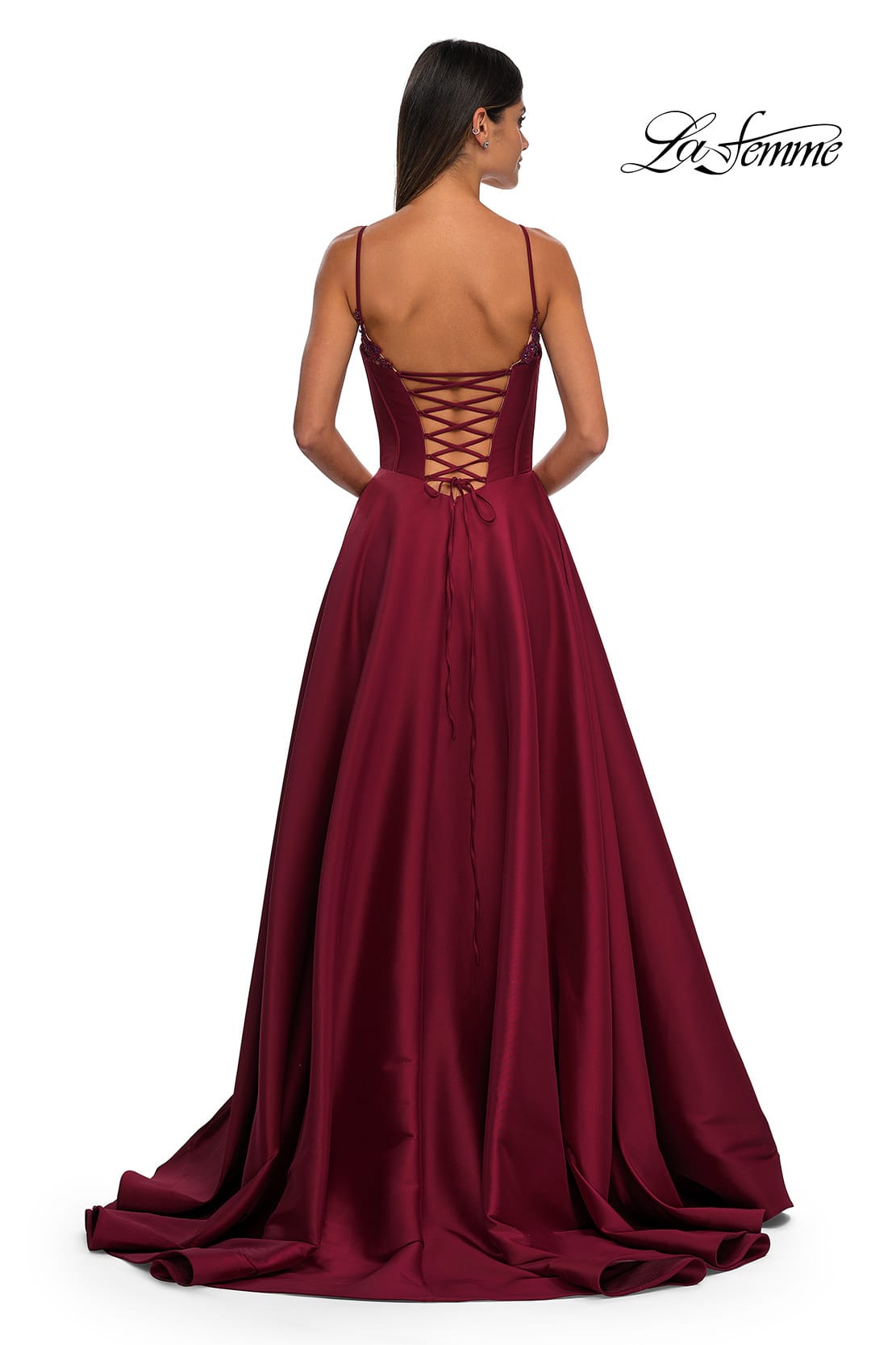 Picture of: Mikado A-line Gown with Lace Detail Neckline in Wine, Style: 32878, Detail Picture 9