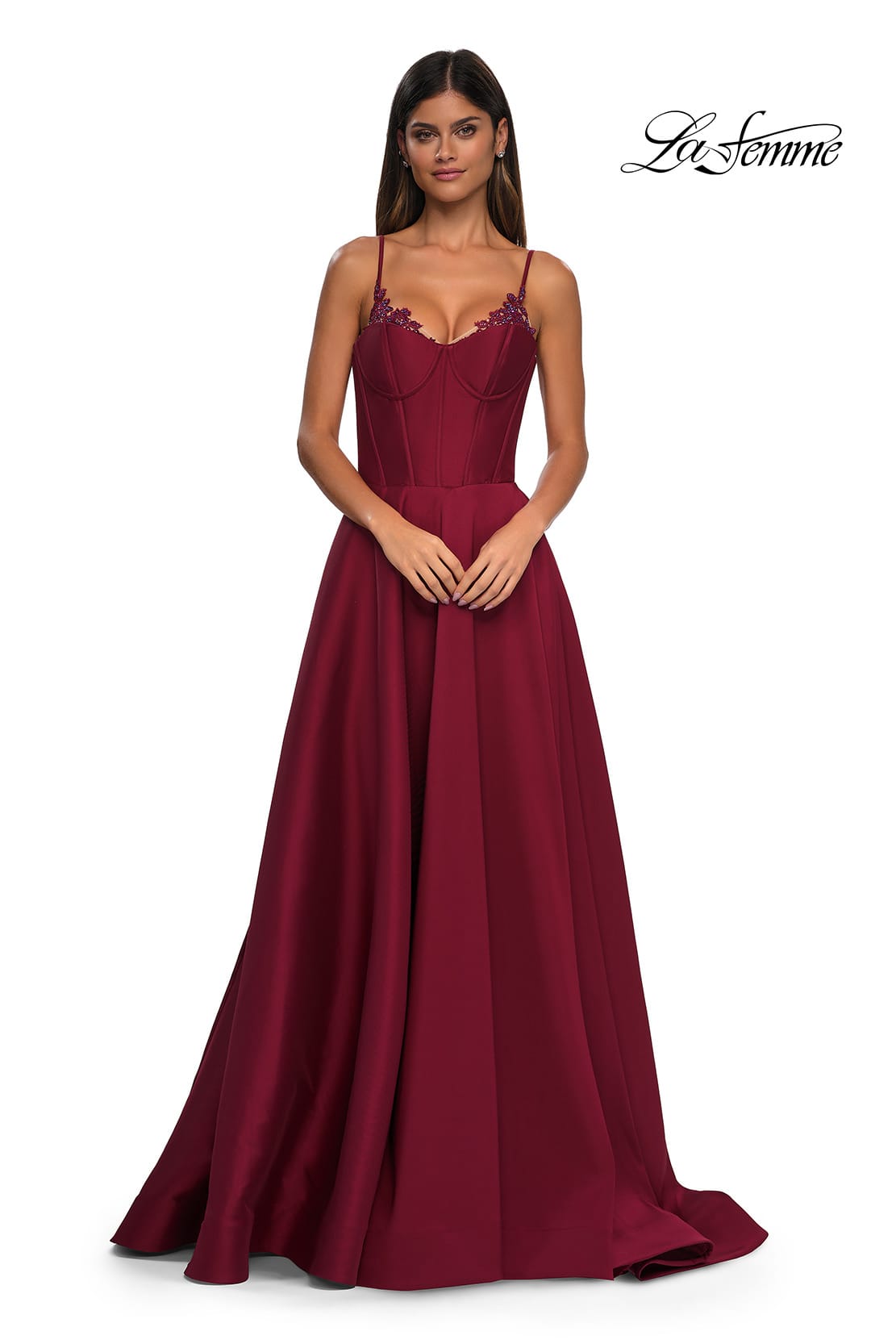 Picture of: Mikado A-line Gown with Lace Detail Neckline in Wine, Style: 32878, Detail Picture 10