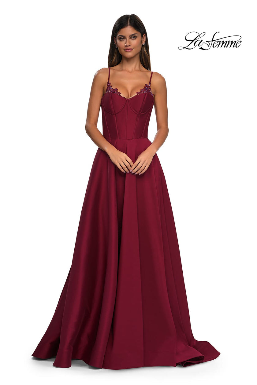 Picture of: Mikado A-line Gown with Lace Detail Neckline in Wine, Style: 32878, Detail Picture 10