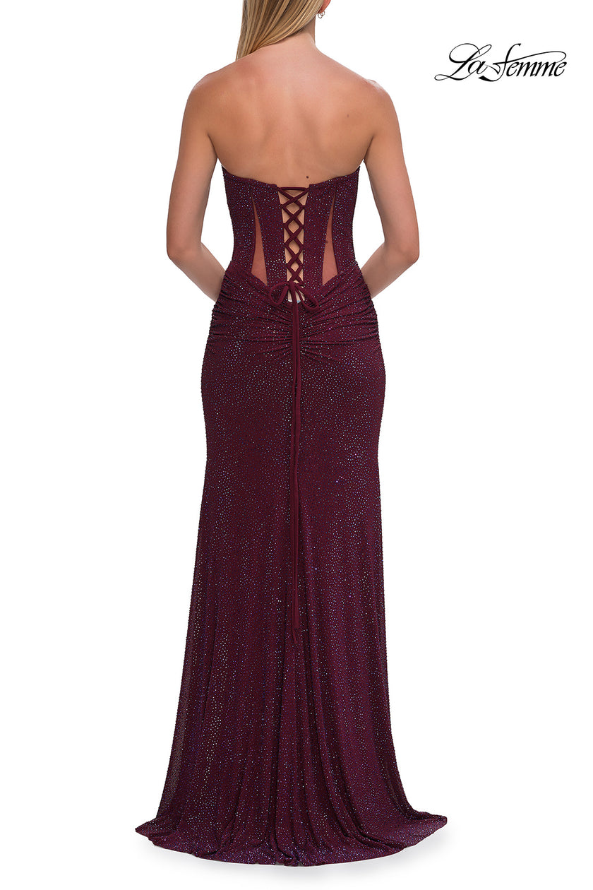 Picture of: Strapless Rhinestone Gown with Sheer Cutouts, Lace-Up Back, and High Slit in Wine, Style: 33327, Detail Picture 10