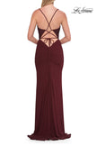 Picture of: Rhinestone Lace Jersey Gown with Ruched Back and Crisscross Straps in Wine, Style: 33504, Detail Picture 10