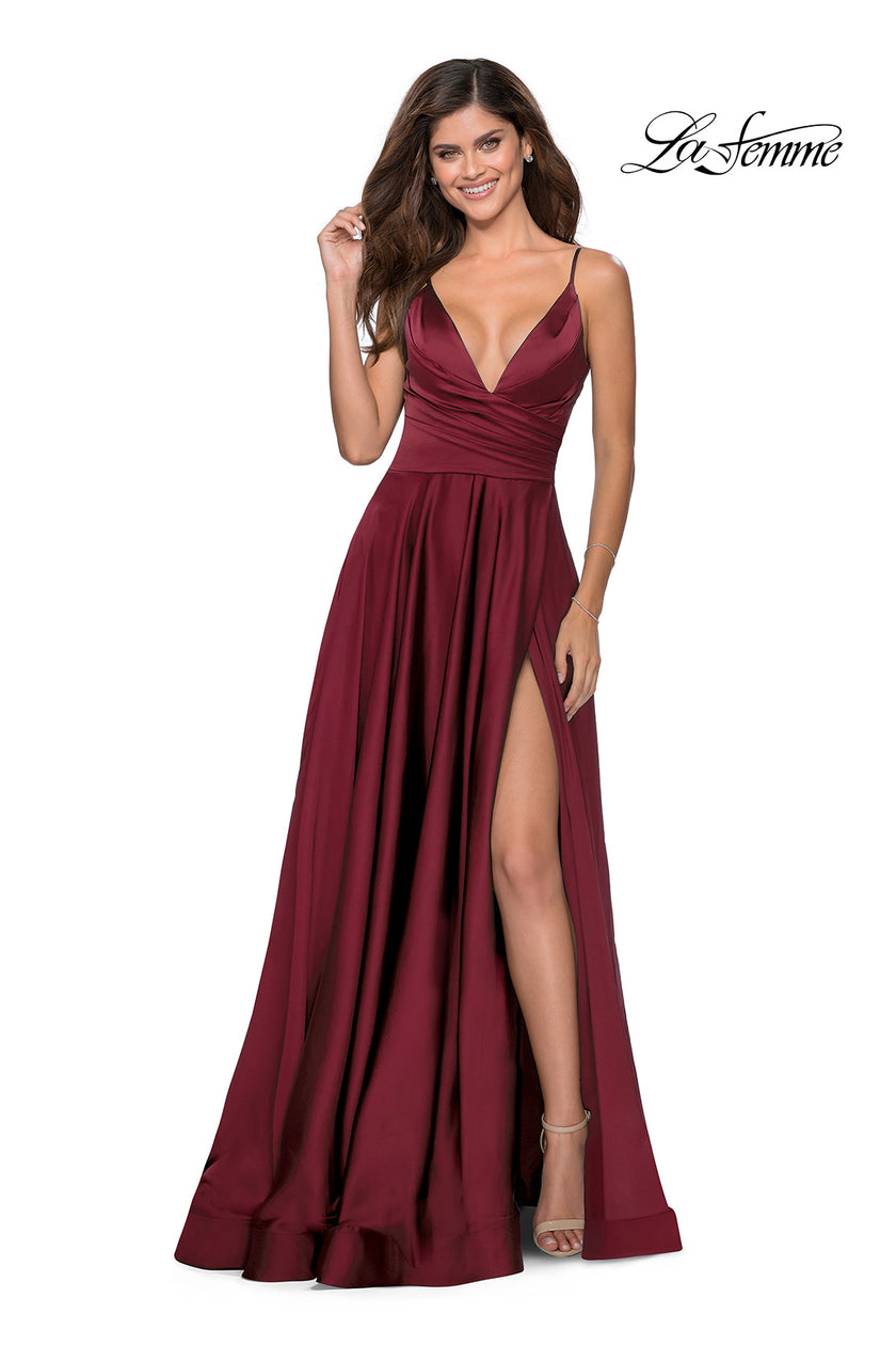 Picture of: Long Satin Dress with Side Slit and V Shaped Back in Wine, Style: 28607, Detail Picture 11